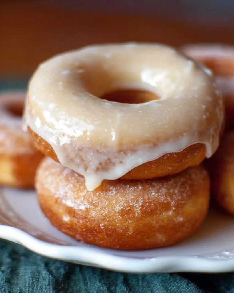 Freshly baked vanilla donuts topped with glaze and sprinkles