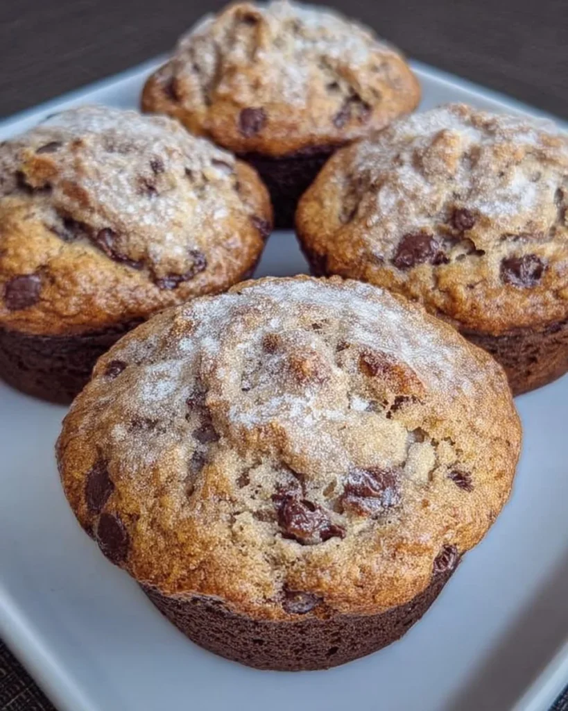 Freshly baked banana chocolate chip muffins on a cooling rack