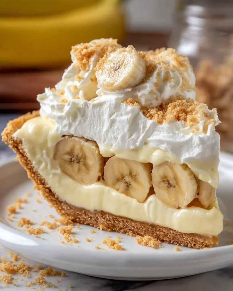 Slice of homemade Banana Pudding Pie topped with whipped cream and banana slices.