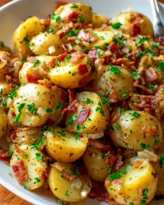 Bowl of the best German potato salad with fresh herbs and a tangy dressing
