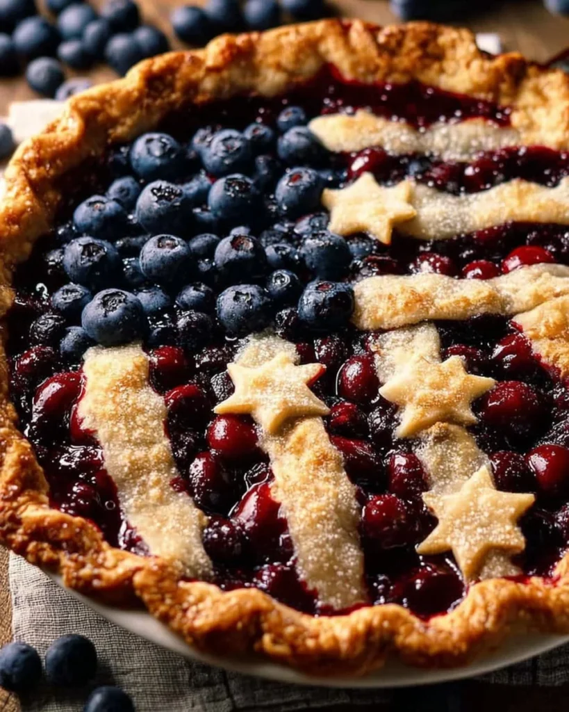 Delicious blueberry cherry pie with fresh berries and a golden crust.