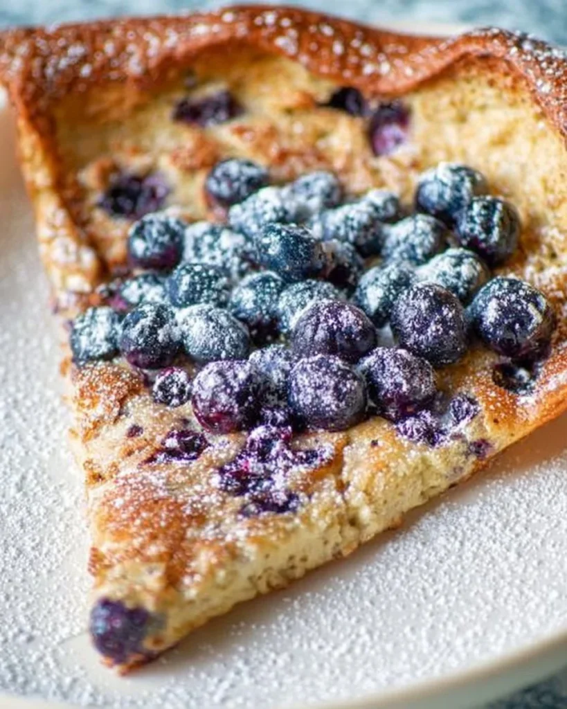 Delicious Blueberry Dutch Baby served warm with fresh blueberries and powdered sugar.