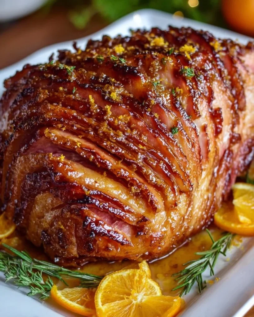 Brown Sugar Glazed Ham with Honey Orange Glaze on a festive table