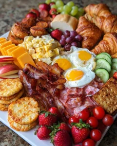 Colorful and delicious brunch platter filled with fruits, pastries, and cheeses