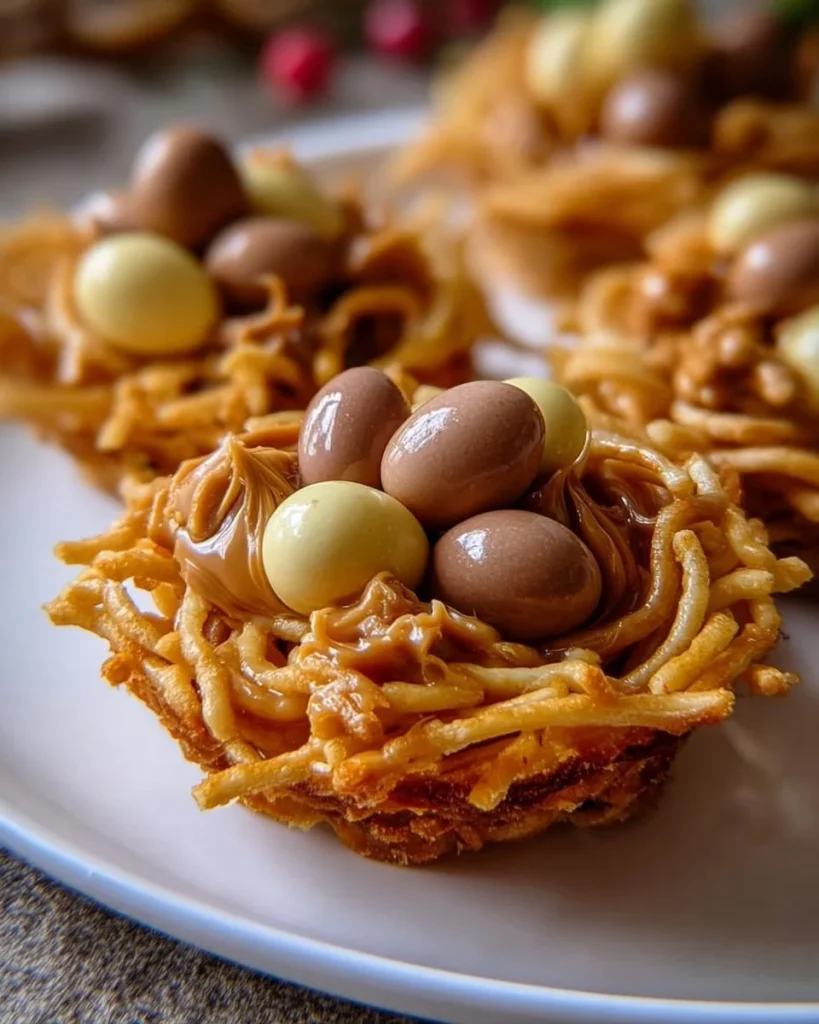 Butterscotch and peanut butter bird nest cookies on a decorative plate.