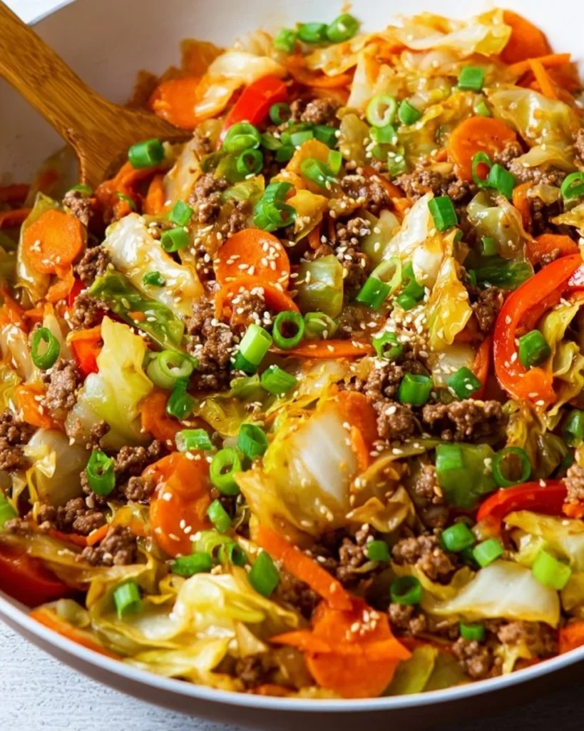 Colorful vegetable cabbage stir fry in a pan, a healthy and quick recipe.