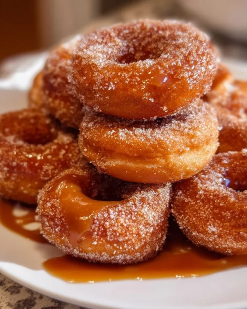 Delicious caramel apple cider donuts topped with caramel drizzle.