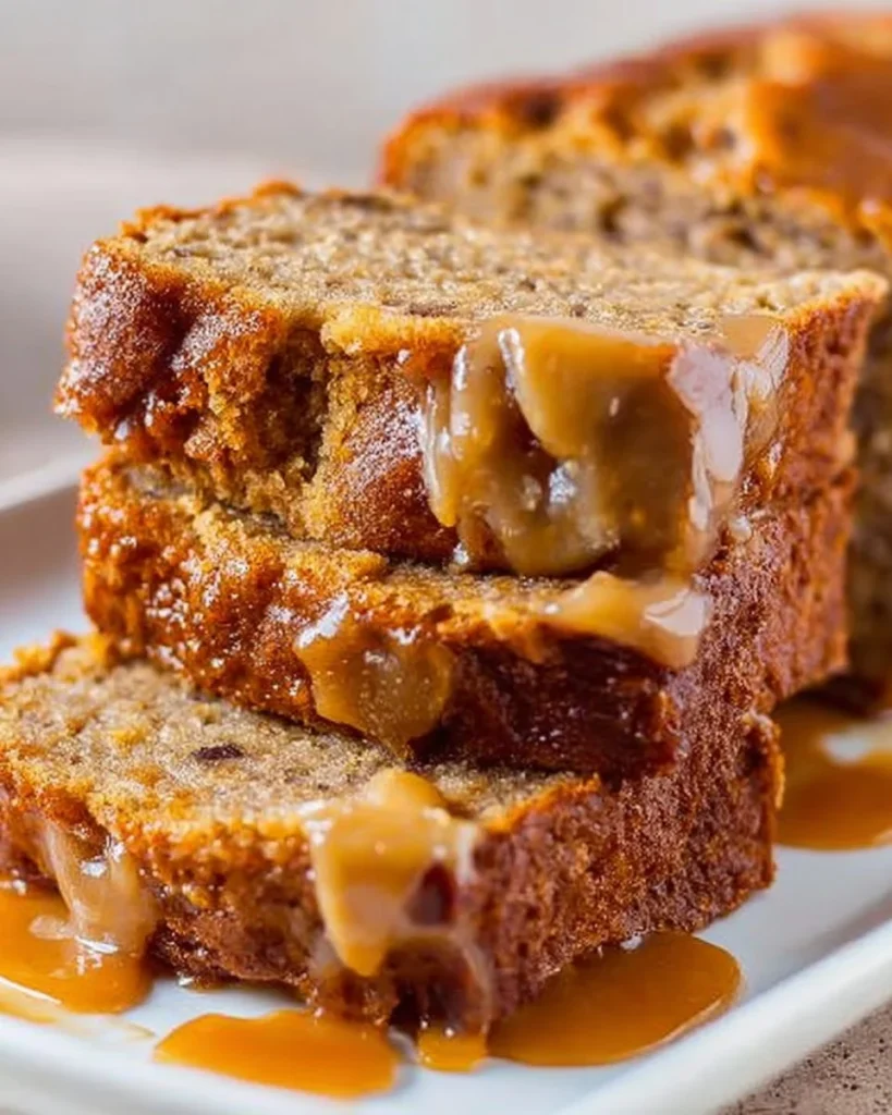 Moist Caramel Macchiato Banana Bread topped with caramel drizzle