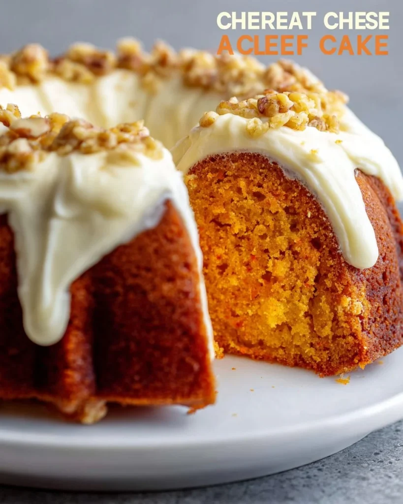 Delicious carrot bundt cake with cream cheese filling on a rustic table