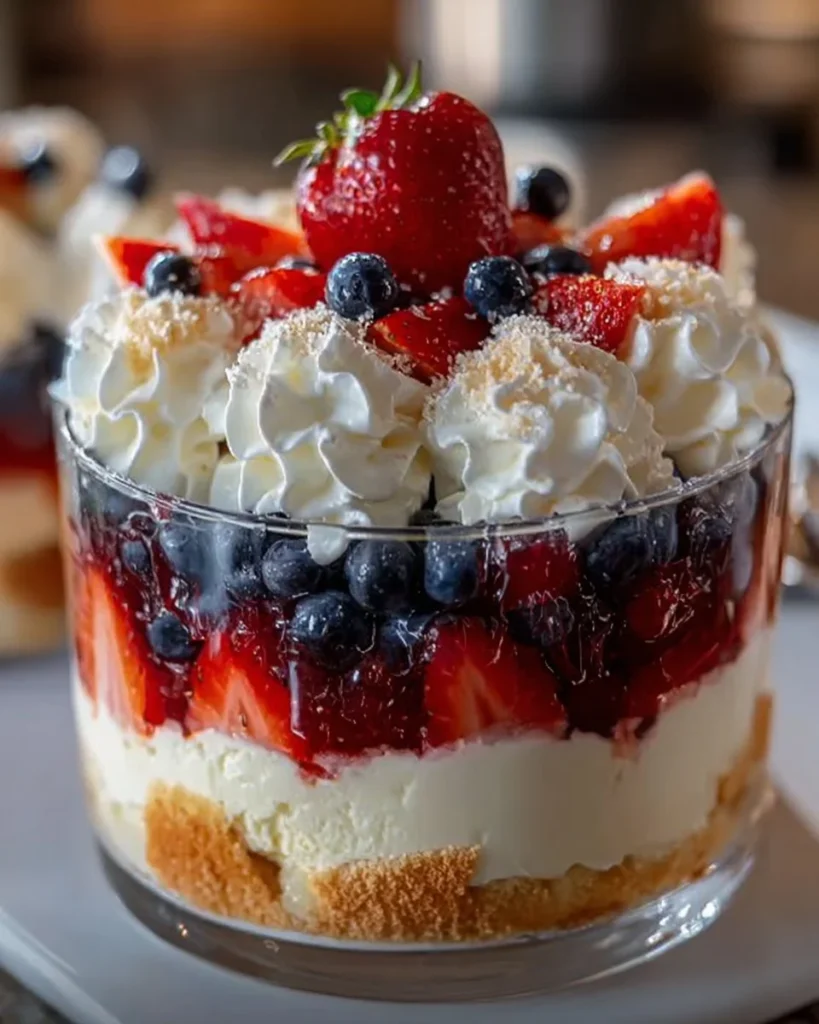 Layered cheesecake trifle featuring red, white, and blue ingredients