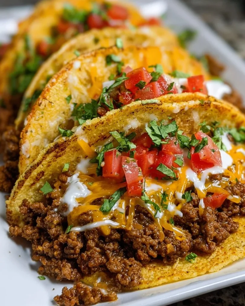 Cheesy Rotel beef soft tortilla tacos stacked on a plate.