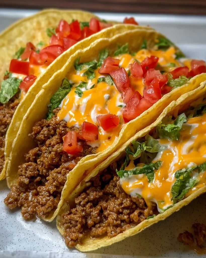 Delicious cheesy Rotel beef soft tortilla tacos ready to serve