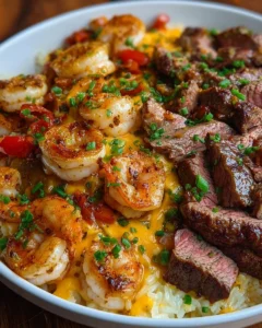 Cheesy Steak and Shrimp Skillet Bowl with fresh ingredients