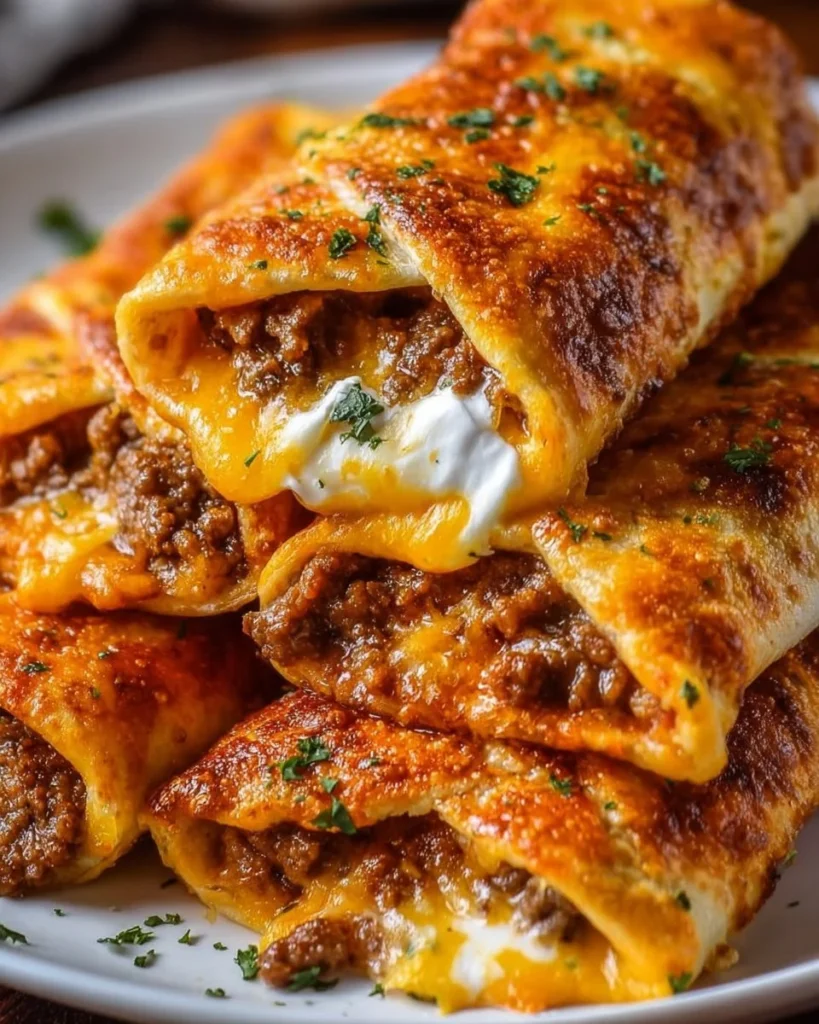 Cheesy taco sticks with melted cheese and taco toppings on a plate.