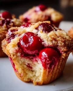 Freshly baked cherry cobbler muffins with cherries on top.