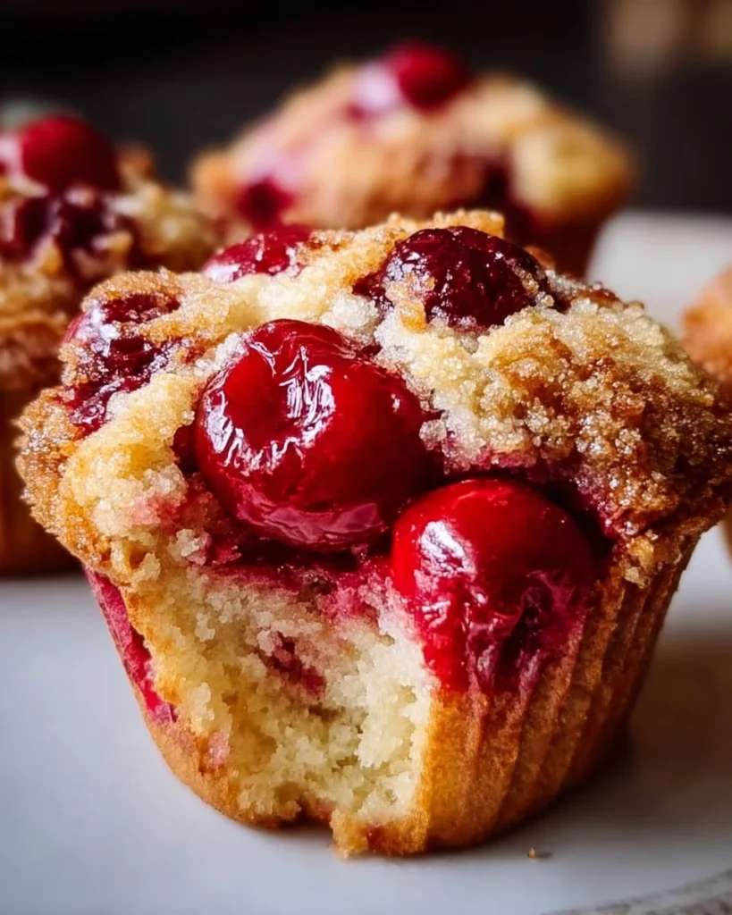 Freshly baked cherry cobbler muffins with cherries on top.