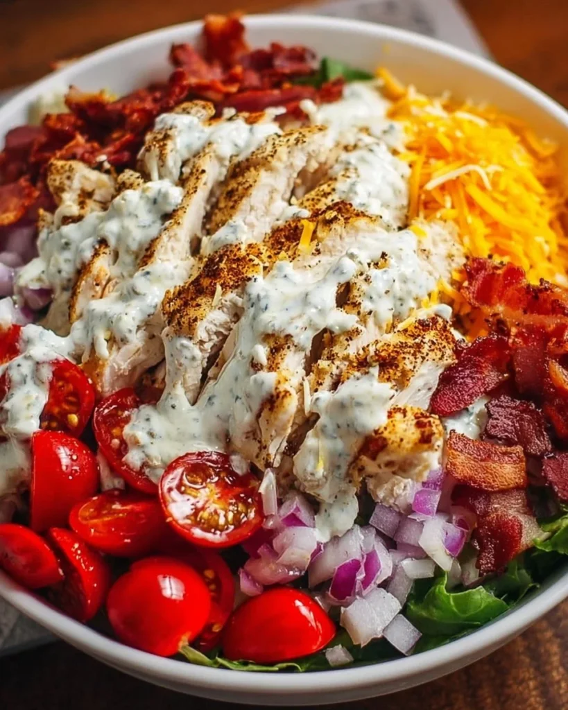 Delicious Chicken Bacon Ranch Bowl with fresh ingredients and savory toppings.
