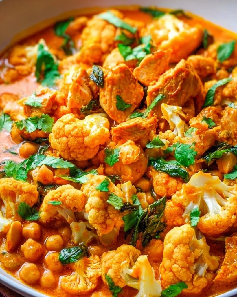 Delicious chicken curry with cauliflower, chickpeas, and coconut in a vibrant dish.