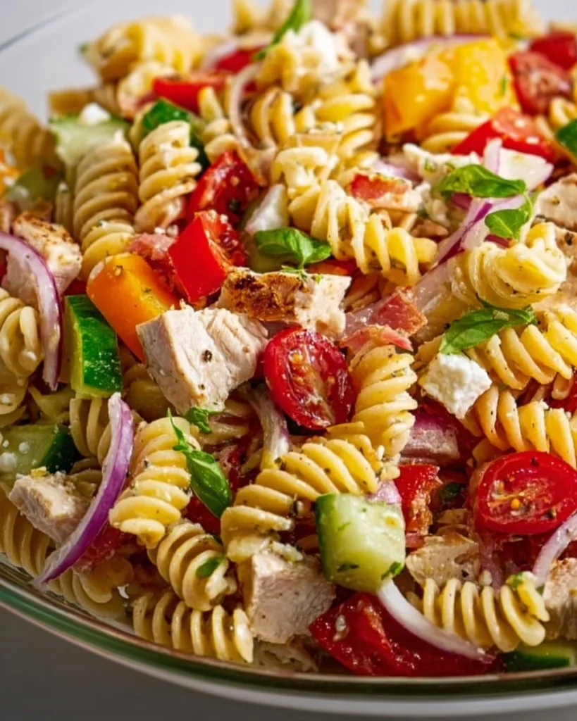 Delicious Chicken Pasta Salad with fresh vegetables and grilled chicken.