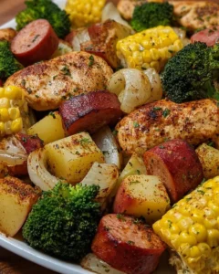 Chicken, sausage, potatoes, broccoli, and corn foil packets ready for cooking