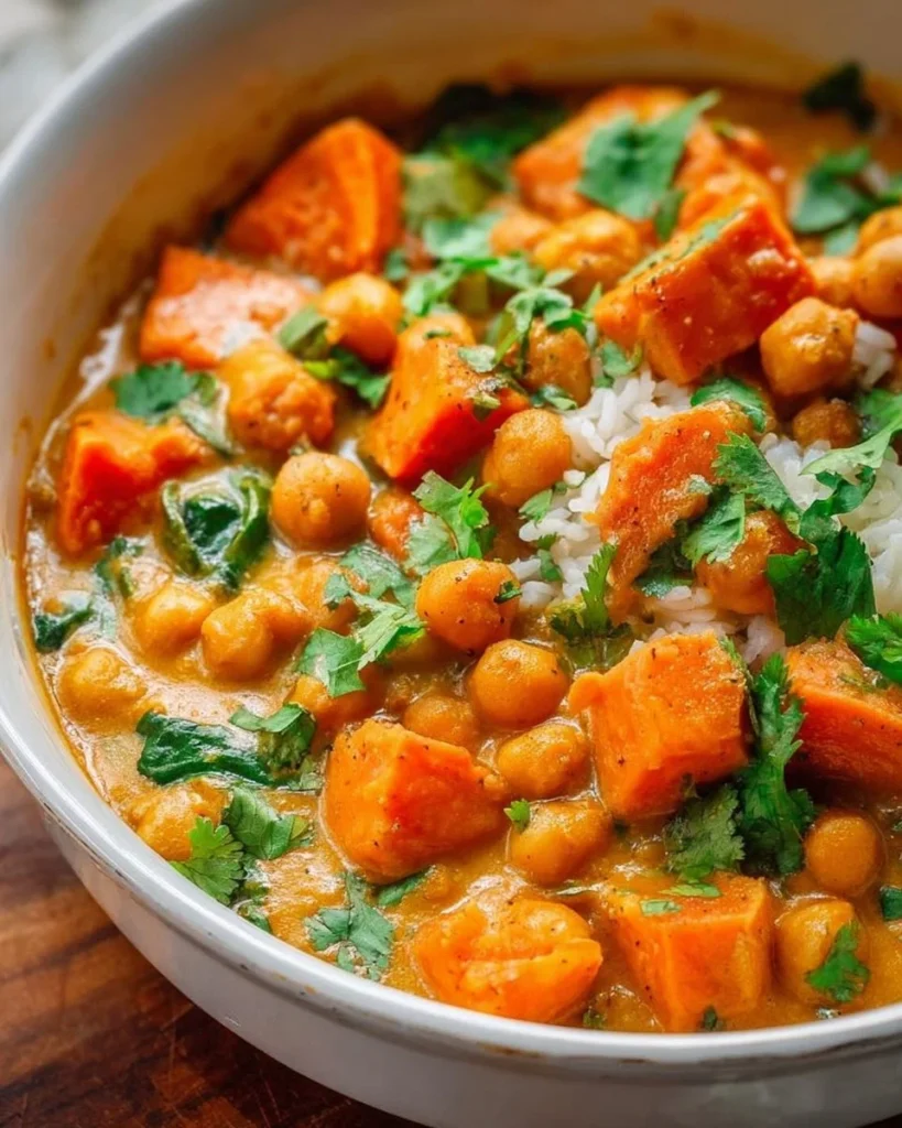 Chickpea and Sweet Potato Coconut Milk Curry dish with vibrant colors