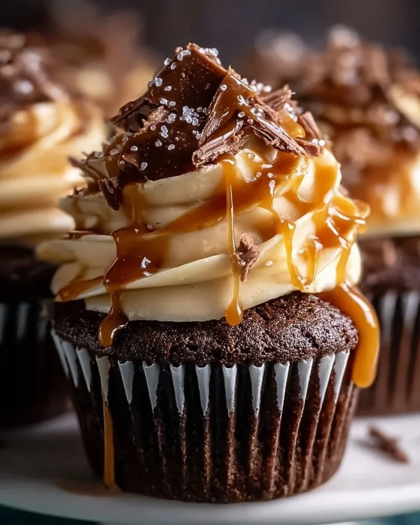 Delicious Chocolate Espresso Cupcakes with Salted Caramel Buttercream frosting