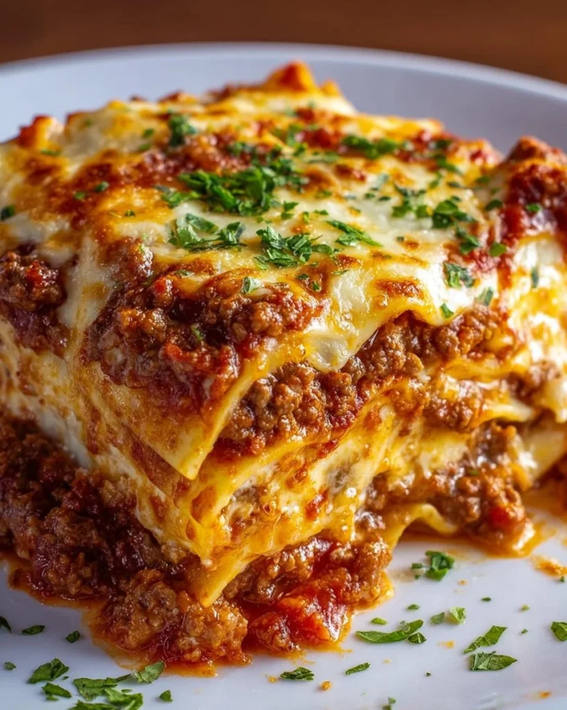 Delicious Christmas Eve Lasagna served in a festive holiday setting.