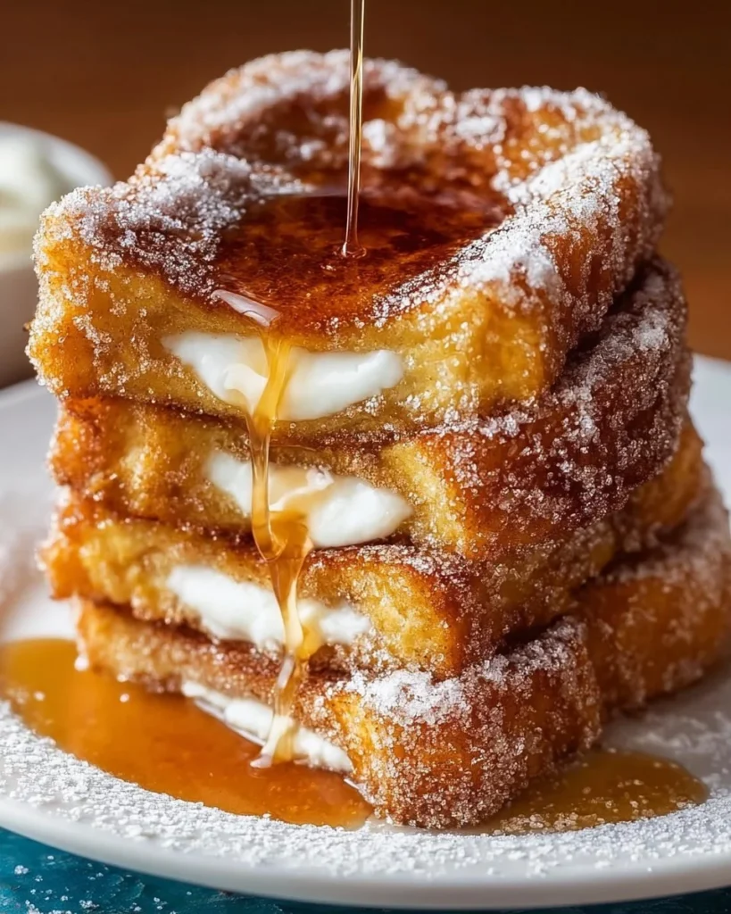 Delicious Churro French Toast sprinkled with cinnamon sugar and served with maple syrup.