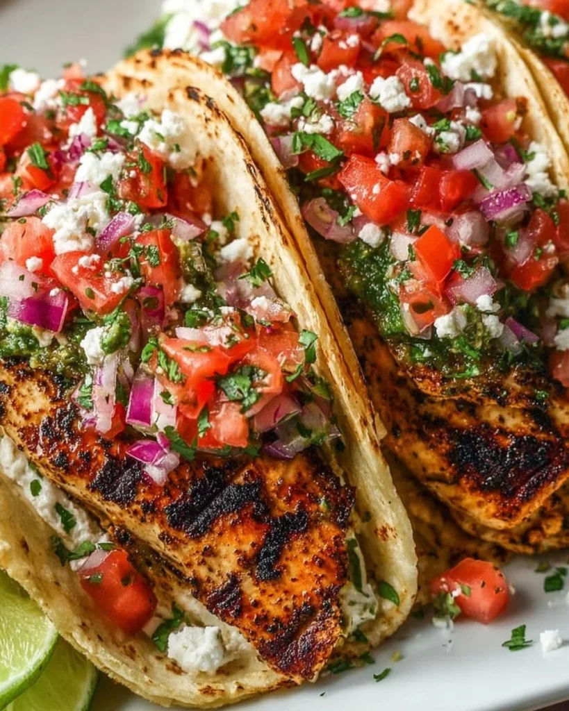 Delicious cilantro lime grilled chicken tacos served with fresh toppings
