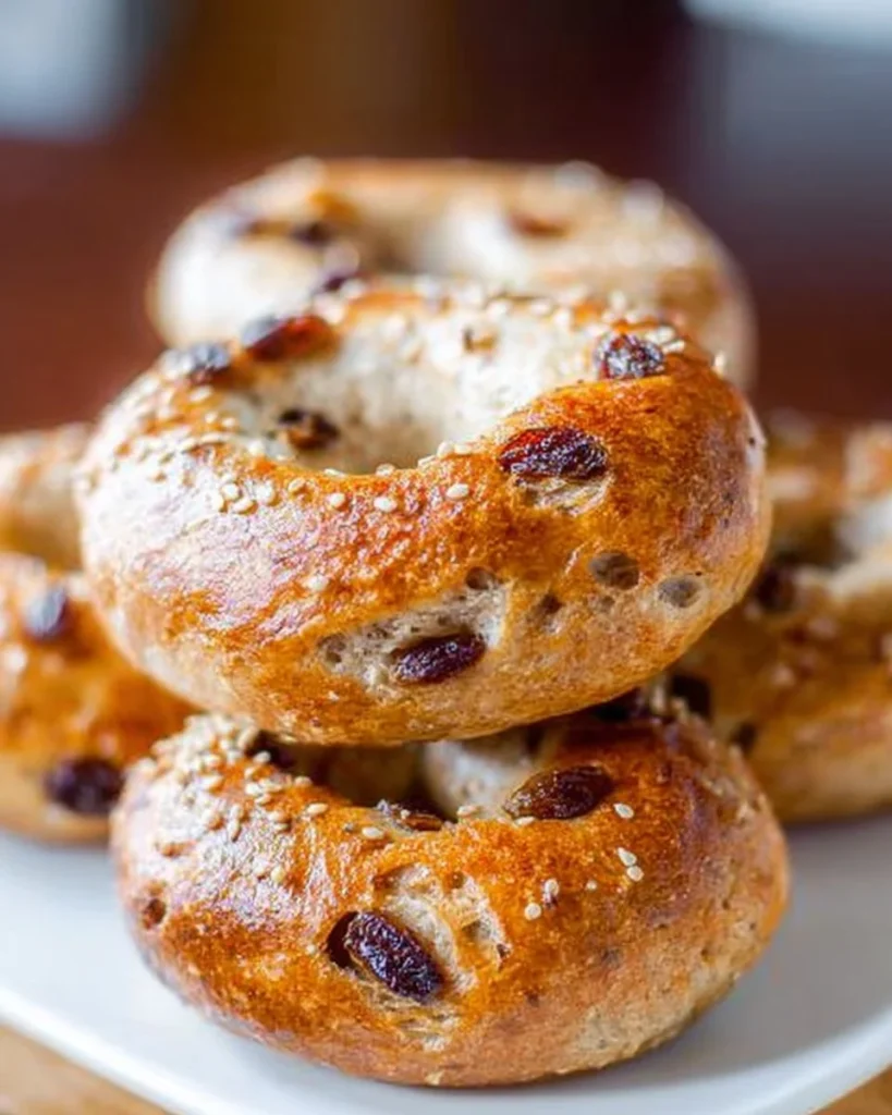 Freshly baked cinnamon raisin bagels with a sprinkle of cinnamon and raisins