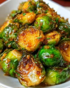 Citrus glazed Brussels sprouts served on a plate with fresh herbs