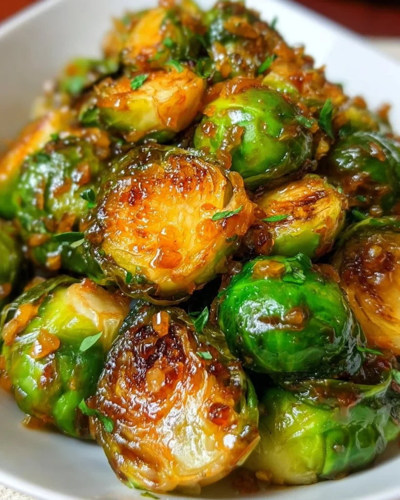 Citrus glazed Brussels sprouts served on a plate with fresh herbs