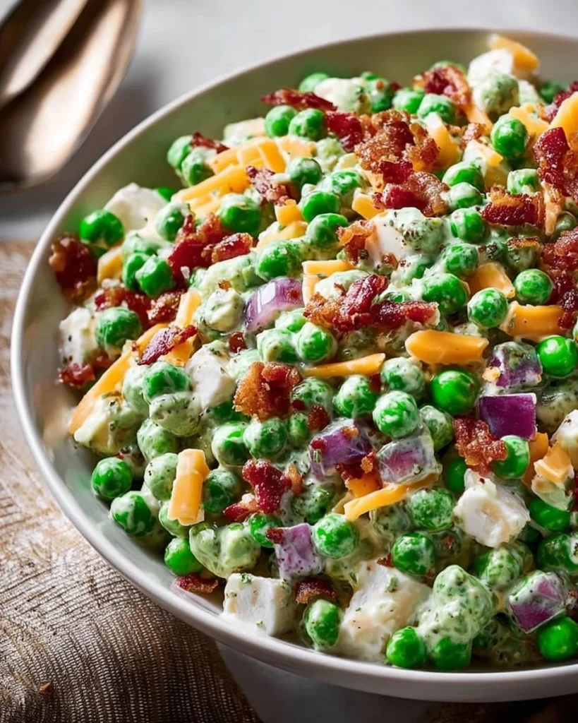Classic pea salad featuring green peas, creamy dressing, and fresh vegetables