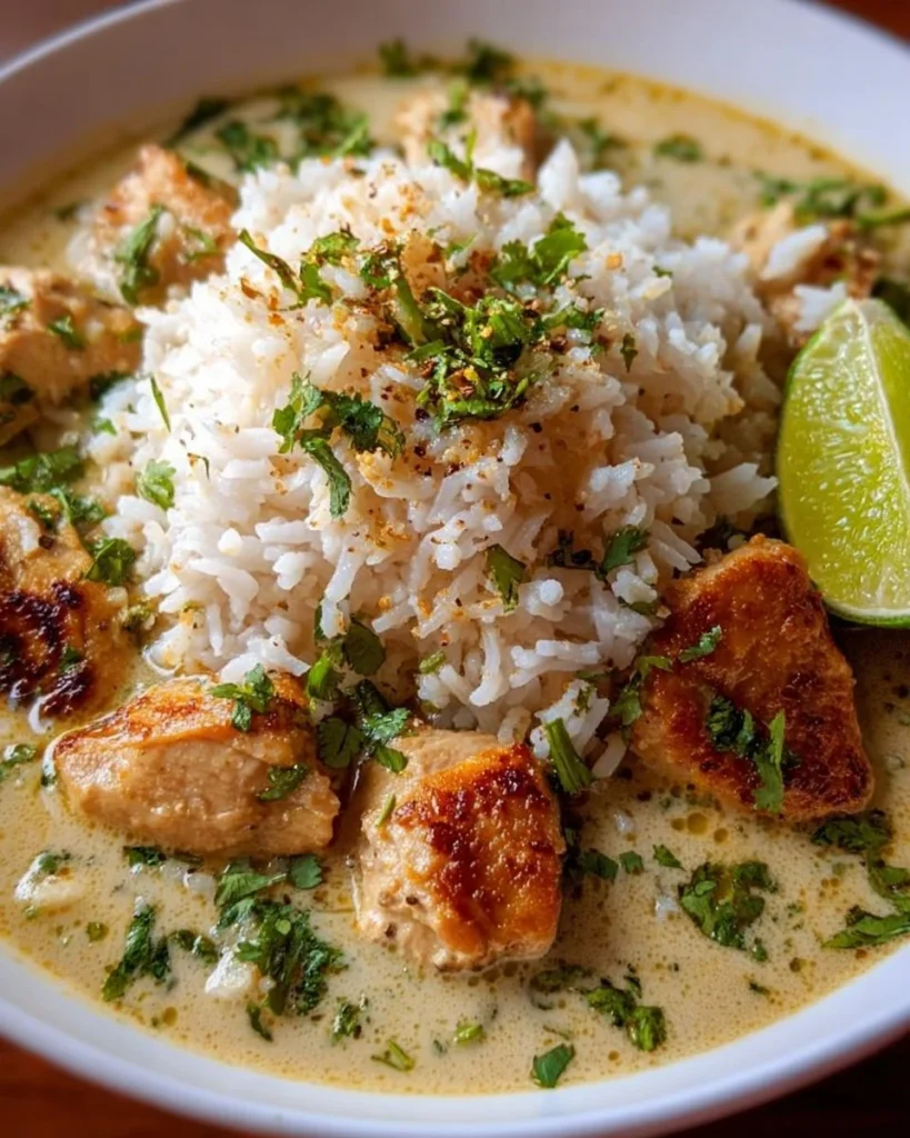 Bowl of Coconut Chicken Brothy Rice with fresh herbs and spices