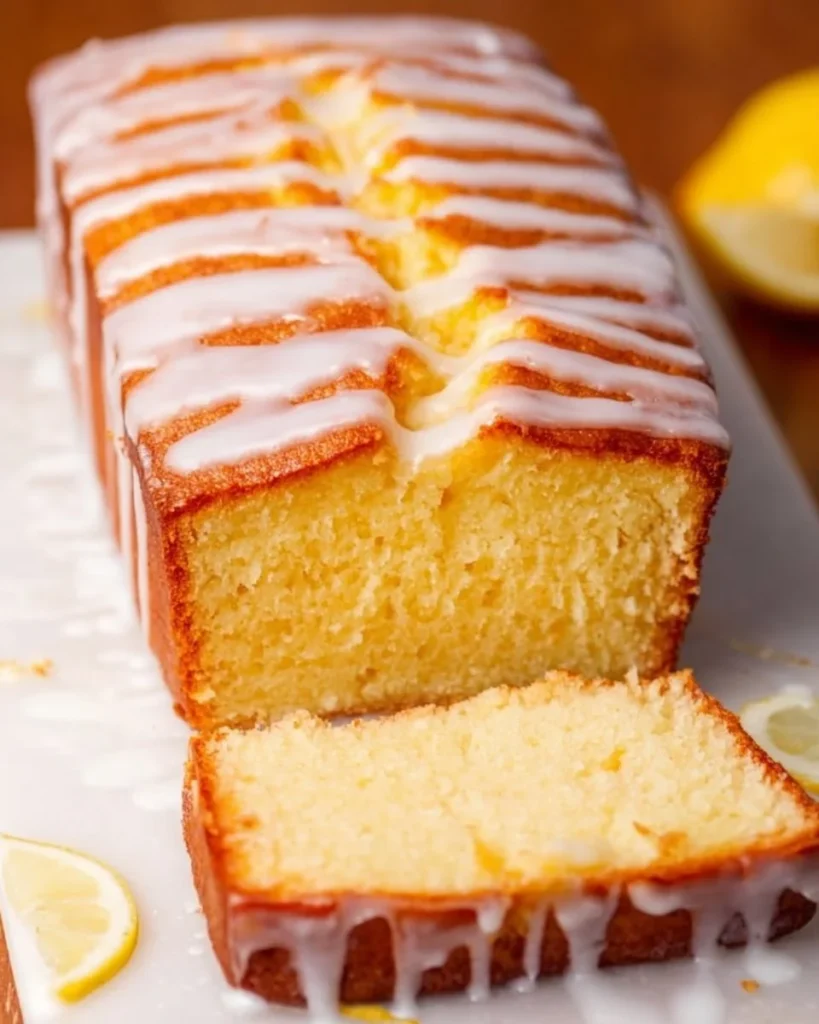 Slice of homemade copycat Starbucks lemon loaf cake on a plate