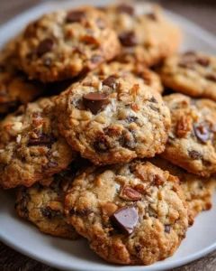 A plate of freshly baked Cowboy Cookies with oats, chocolate chips, and nuts.