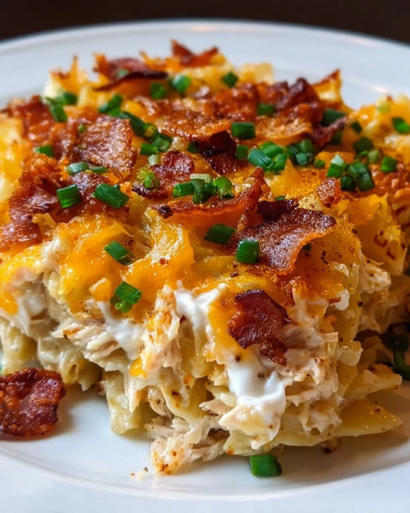 Delicious Crack Chicken Casserole topped with cheese and herbs in a baking dish