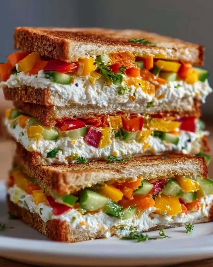Delicious creamy Hung Curd Sandwich served with fresh veggies and herbs