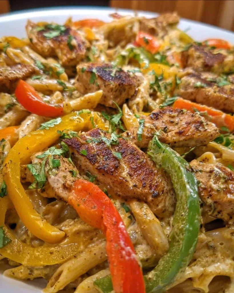 Creamy jerk chicken rasta pasta served in a vibrant bowl.