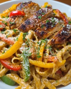 Creamy jerk chicken rasta pasta served with vibrant vegetables and herbs