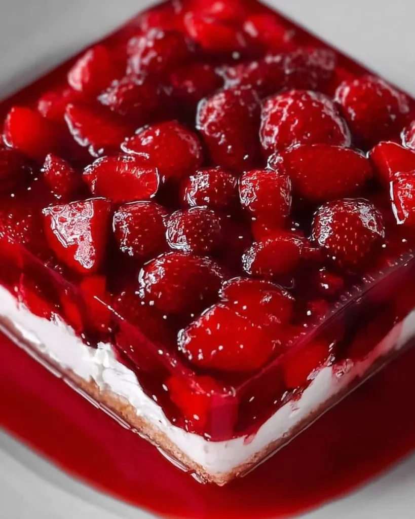 Delicious creamy lasagna topped with berry jello for a unique flavor experience.