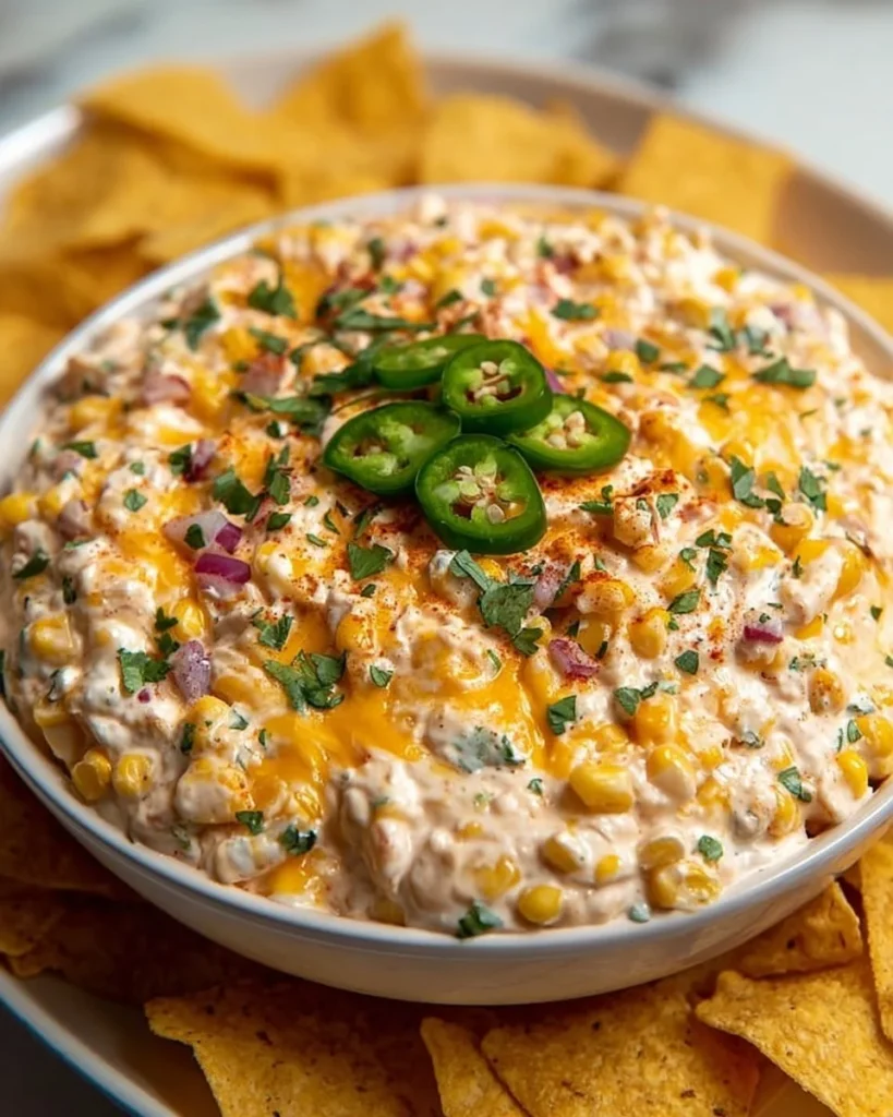 Creamy Mexican corn dip served in a bowl with cilantro and tortilla chips