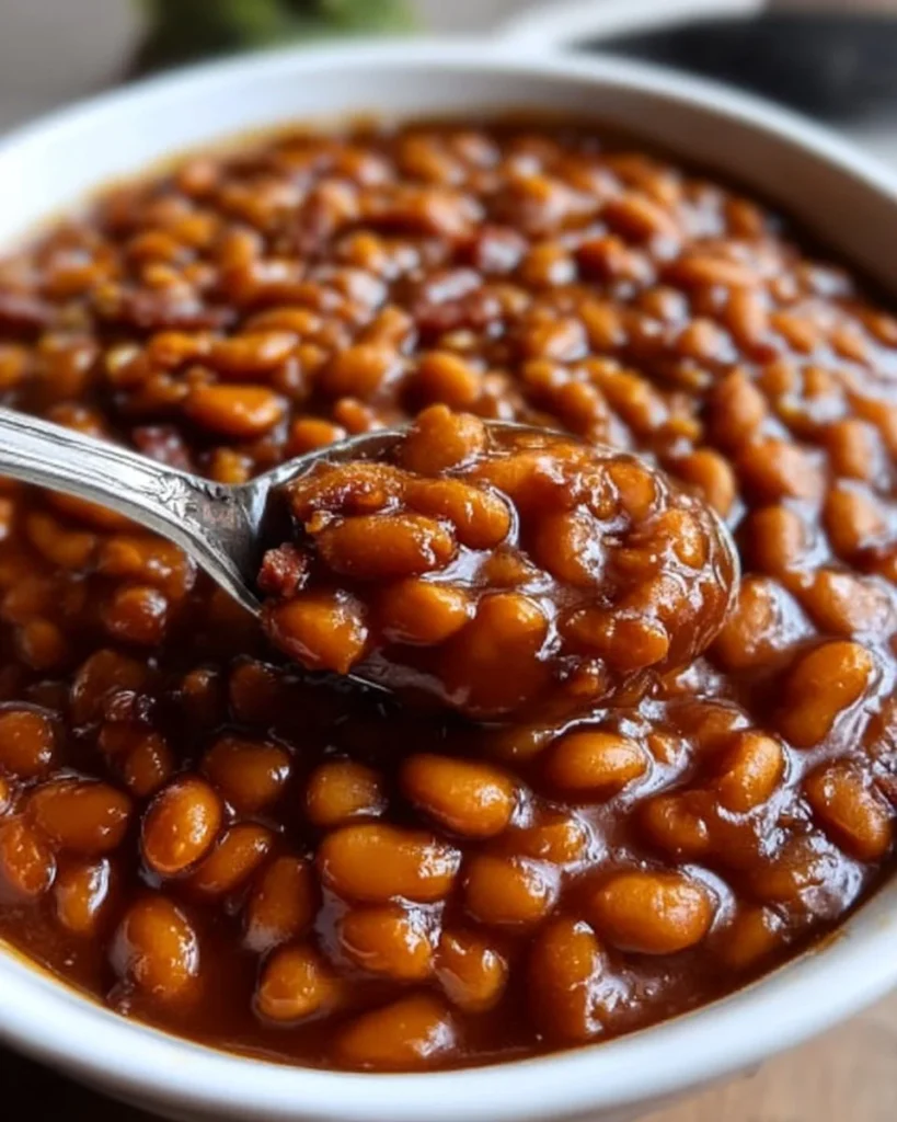 Delicious crockpot baked beans served in a bowl