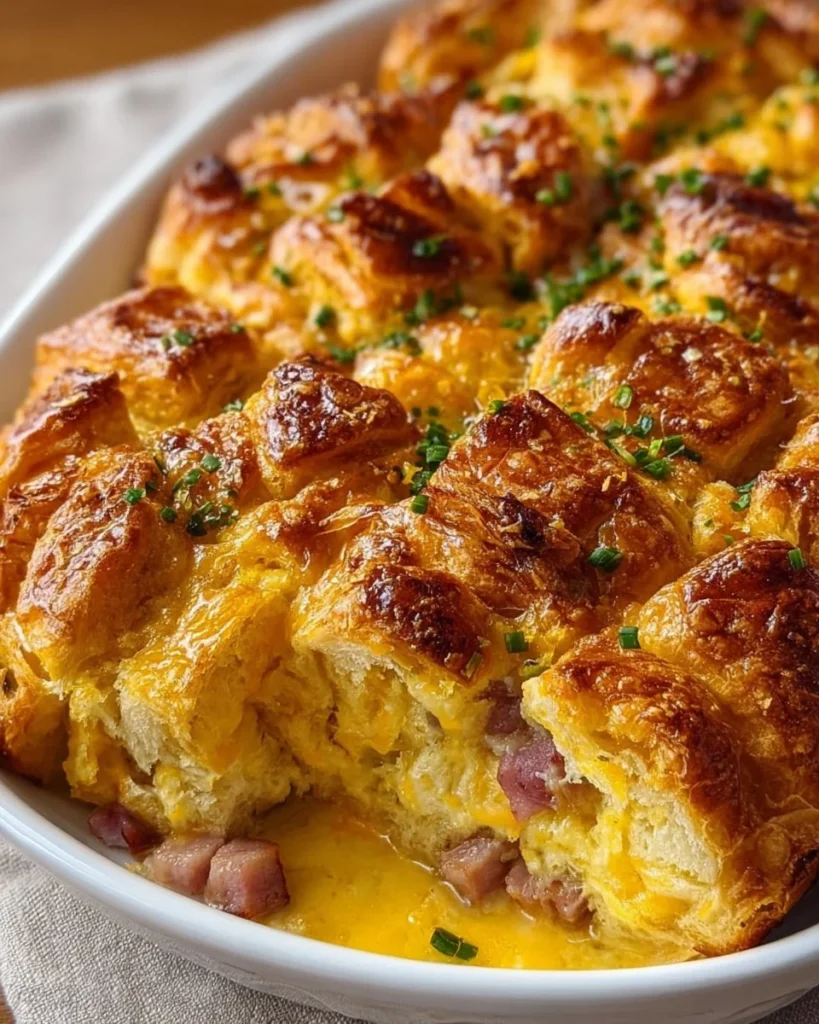 Delicious croissant bake breakfast casserole fresh out of the oven.