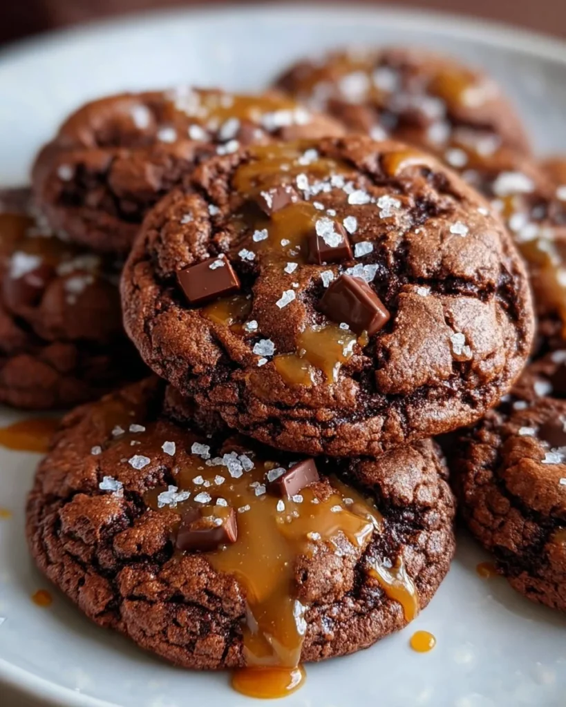 Double chocolate salted caramel cookies with a sprinkle of sea salt