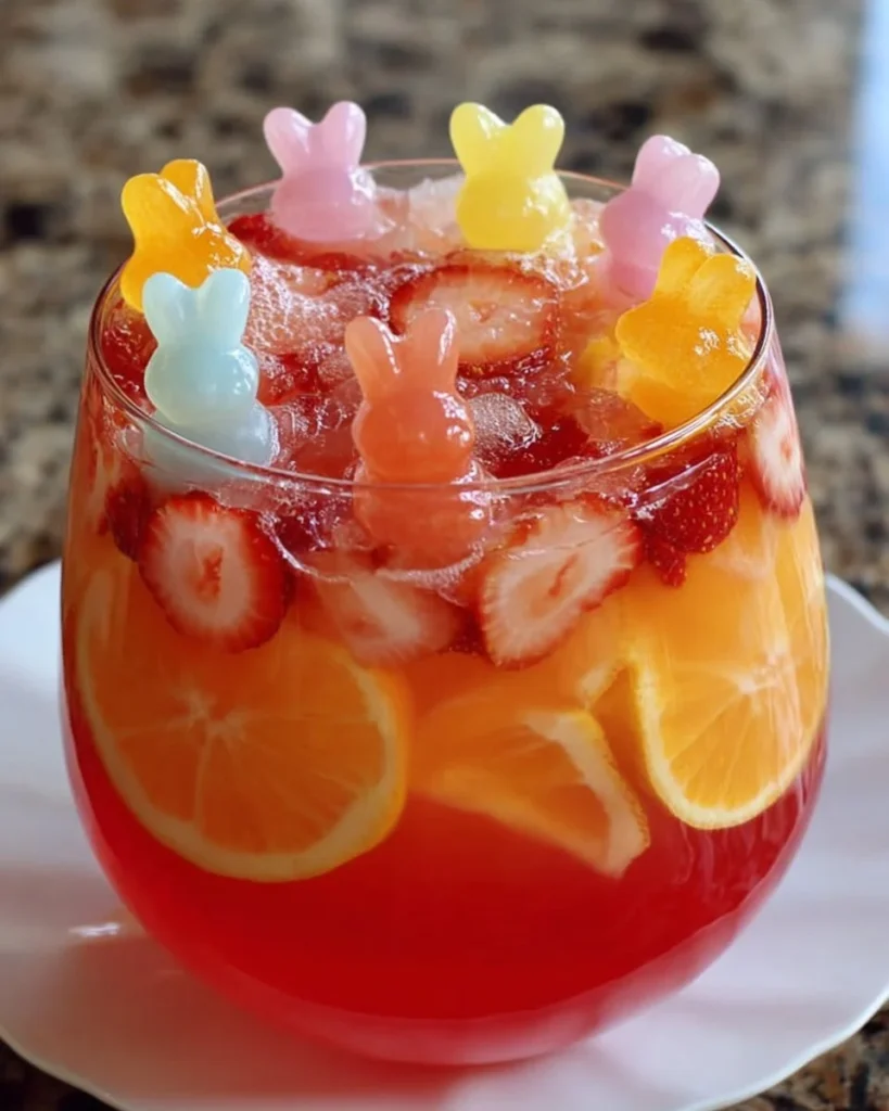 Colorful Easter Bunny Punch in a glass bowl surrounded by Easter decorations.