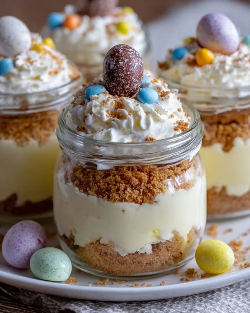 Easter Egg Cheesecake Jars topped with colorful chocolate eggs