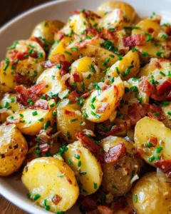 Bowl of easy German potato salad with fresh herbs and dressing