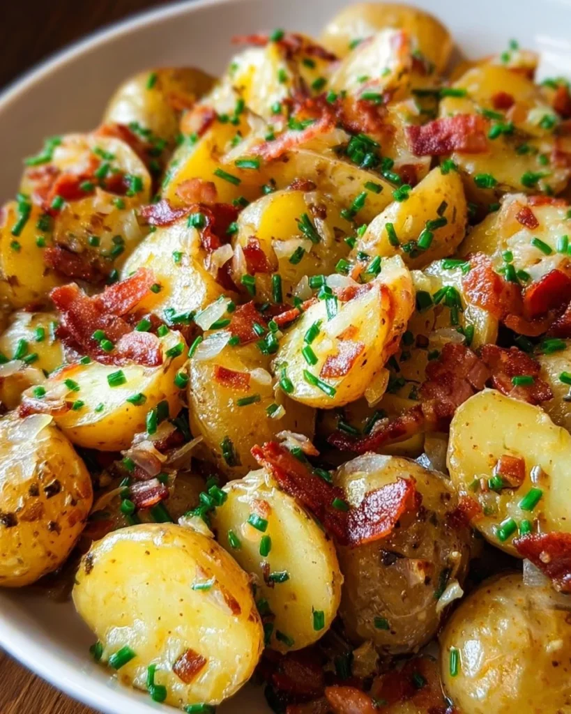 Bowl of easy German potato salad with fresh herbs and dressing