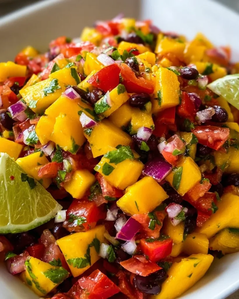 Bowl of easy mango salsa with fresh ingredients on a table